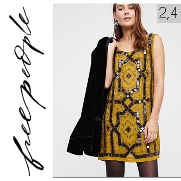 Free People Dresses & Skirts - Free People MUSTARD Gold SEQUIN BLACK MINI DRESS